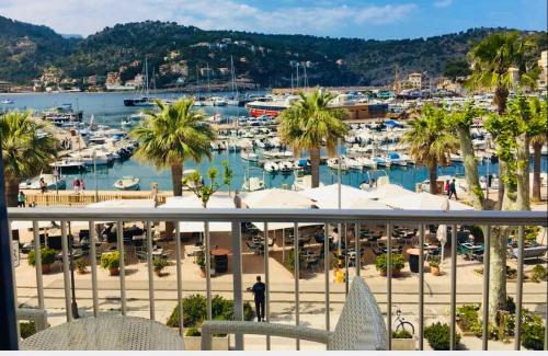 a view of a marina with boats in the water at Hotel Miramar in Port de Soller