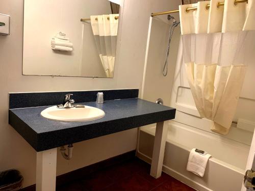 a bathroom with a sink and a mirror and a tub at The Ranch Motel in Oakland