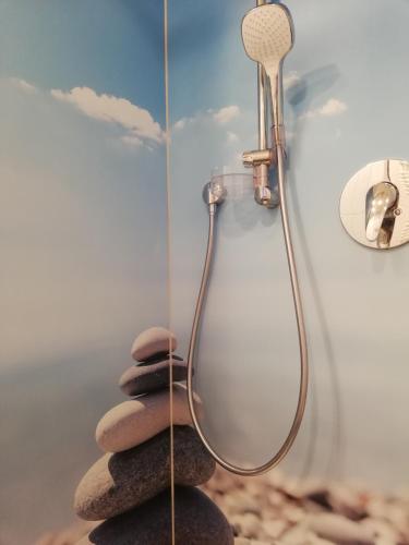 a shower with rocks and a shower head at Hotel Nummerhof in Erding