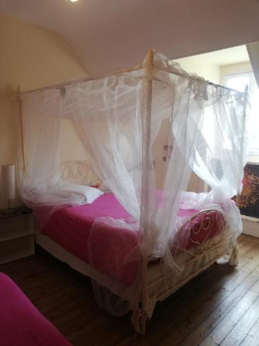 a bedroom with a canopy bed with pink sheets at La Chambre d'hôte de Christelle in Cherbourg en Cotentin
