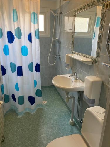 a bathroom with a sink and a toilet and a mirror at På Hörnet Vandrarhem & Hotell in Karlskrona