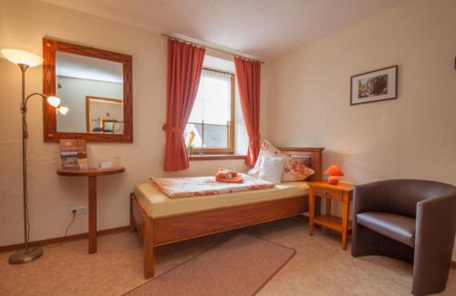 a bedroom with a bed and a chair and a mirror at Hotel Am Eifelsteig in Neroth