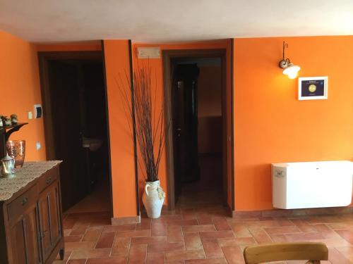 a kitchen with orange walls and a vase with a plant at Paomà trentova in Agropoli