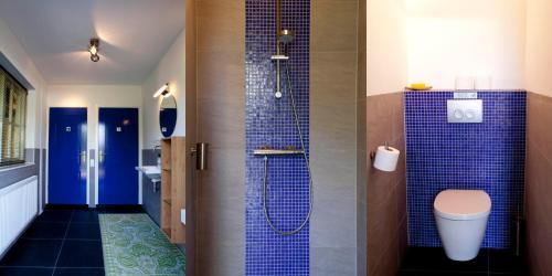 y baño con ducha de azulejos azules y aseo. en B&B De Sprokkeltuin en Beuningen