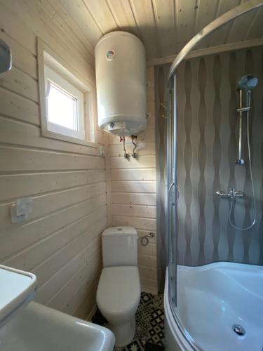 łazienka z toaletą, umywalką i wanną w obiekcie Domek Helenka w mieście Stężyca