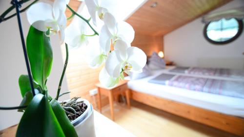 um quarto com uma cama e um vaso de plantas em Landhaus Zoppoth em Kötschach
