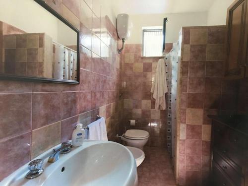uma casa de banho com um lavatório, um WC e um espelho. em Trullo saraceno em Carovigno