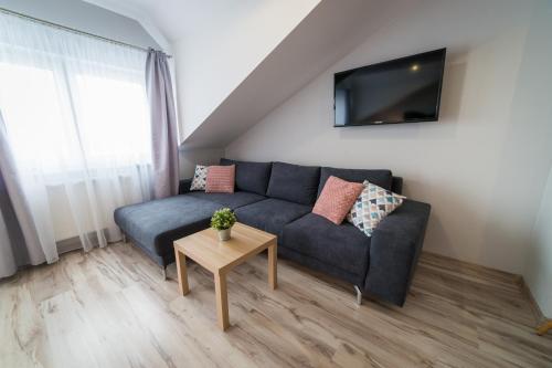 a living room with a couch and a tv at Apartamenty Prusa in Mikołajki