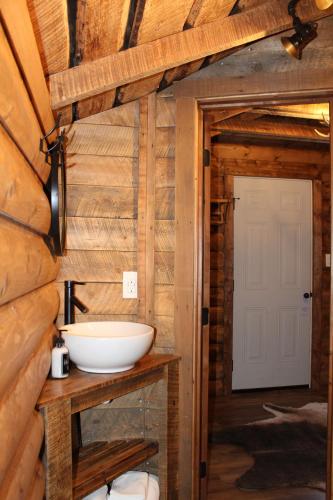a bathroom with a sink in a log cabin at Elkhorn Cabins and Inn in West Yellowstone