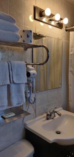 a bathroom with a sink and a mirror and towels at Pinebrook Motel in Lake George