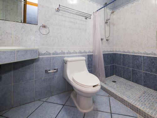 a bathroom with a toilet and a shower at Suites de Reyes in Irapuato