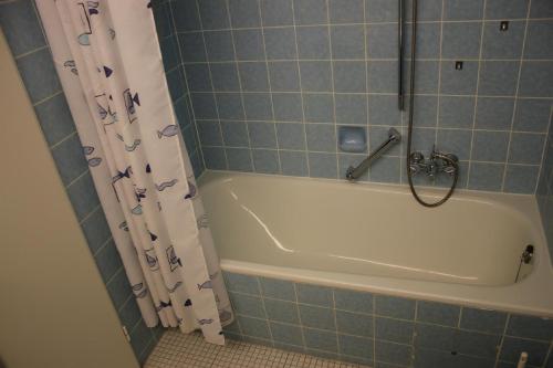 a bathroom with a bath tub with a shower curtain at Appartement an der Helenenquelle in Bad Pyrmont