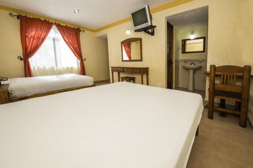 1 dormitorio con 1 cama y baño con TV. en OYO Hotel La Glorieta ,Huichapan ,Balneario Camino Real, en Huichapan