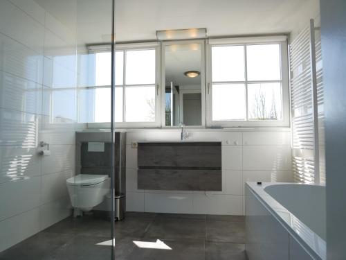 a bathroom with a toilet and a sink and a tub at Buitenplaats Villa Deluxe in Callantsoog