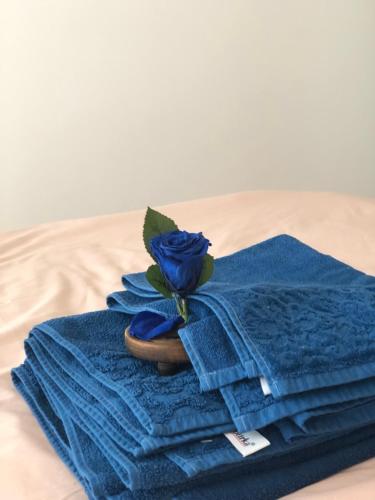 a blue towel with a blue rose on a bed at Apartments Bane in Herceg-Novi
