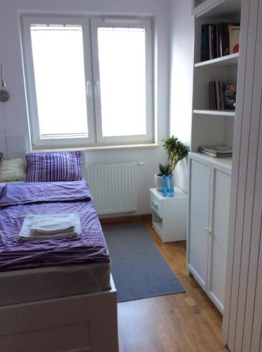 グダニスクにあるApartment Kamienica Lęborskaのベッドルーム1室(窓2つ、ベッド1台、本棚付)