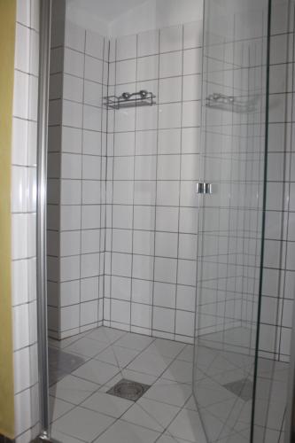eine Dusche mit Glastür im Bad in der Unterkunft Ubytování ve Mlýně in Kladenské Rovné