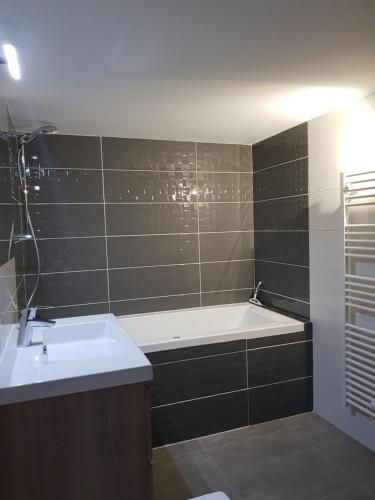La salle de bains est pourvue d'une baignoire et d'un lavabo. dans l'établissement Villa MAKELE, à Calvi