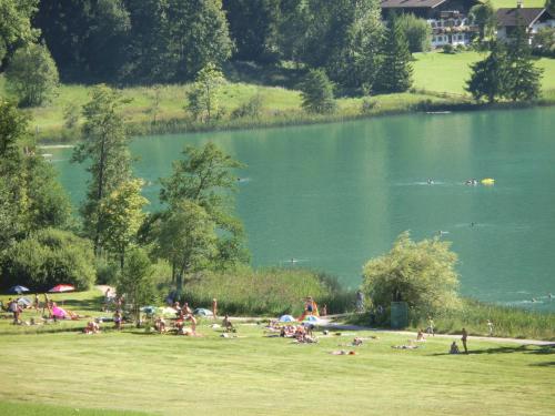 a group of people sitting on the grass near a lake at Aparthotel Buchauer-Tirol in Thiersee