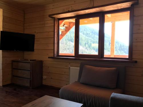 a living room with a couch and a tv and windows at Kozichky Guest House in Tatariv