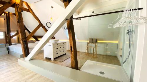 a bathroom with a shower and a sink at Monschau-Auszeit: Historisch wohnen direkt am Bach in Monschau