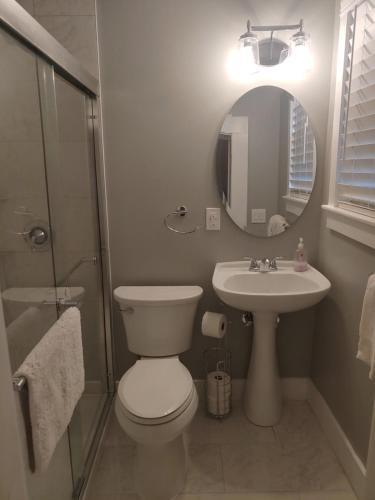 W łazience znajduje się toaleta, umywalka i lustro. w obiekcie Historic 86 Church Street w mieście Charleston