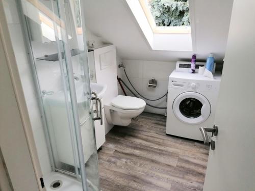 a bathroom with a toilet and a washing machine at FMI110 Next to Airport in Rüsselsheim