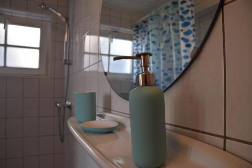 Una botella de jabón en el lavabo del baño. en Bij Lutske, en Hollum