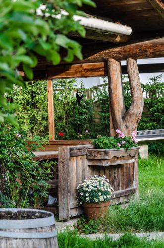 a wooden pergola with flowers in a garden at Urlaubsland Sonnfeld in Flachau