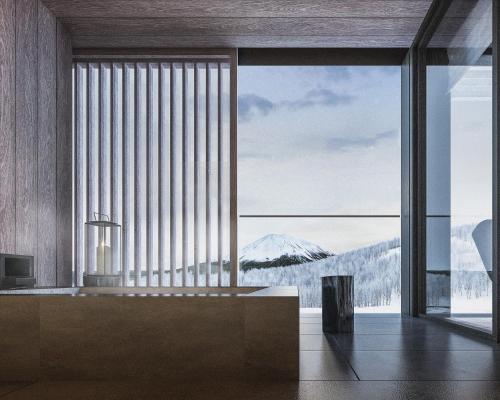 a room with a large window with a mountain view at Park Hyatt Niseko Hanazono in Kutchan
