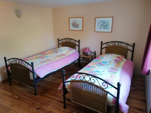 two beds in a room with wooden floors at Celine - Maurenne in Hastière-Lavaux