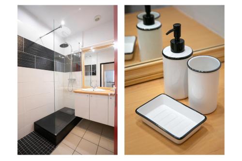 two pictures of a bathroom with a sink and a tablet at Corps et graphi(qu)es in Périgueux