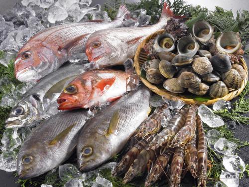 a pile of fish and other seafood on a table at Garden Terrace Fukuoka in Fukuoka