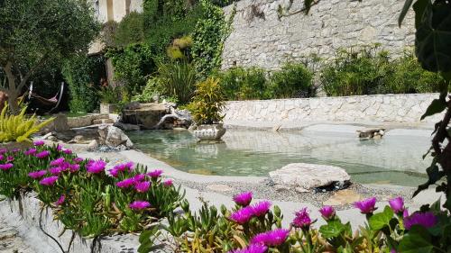 a pond in a garden with purple flowers at La Casa del Gelsomino in Ragusa