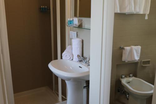 a bathroom with a sink and a toilet and a shower at Hotel Crystal in Marina di Pietrasanta