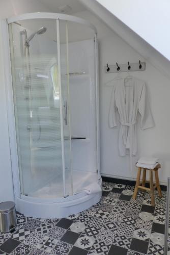a shower in a bathroom with a black and white floor at Gîte La Maison d'Edouard in Villers-Carbonnel