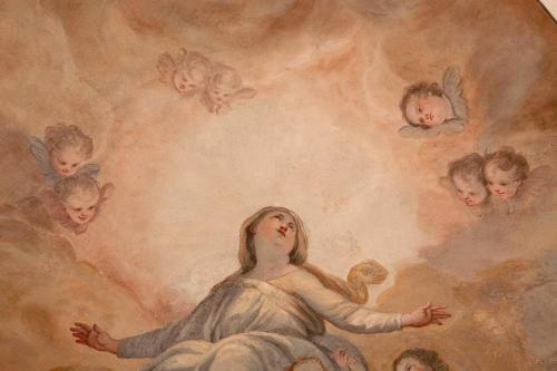 a painting of a woman with angels on the ceiling at Hotel Le Nuvole Residenza d'Epoca in Genoa
