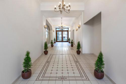 a hallway with potted plants and a chandelier at Ventus Rosa Boutique Aparthotel in Kraków