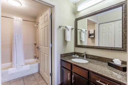 a bathroom with a sink and a tub and a mirror at Candlewood Suites Harrisburg I-81 Hershey Area, an IHG Hotel in Harrisburg