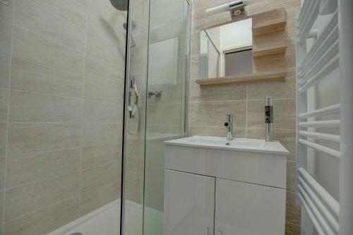 een badkamer met een wastafel en een glazen douche bij Apart city in Montargis