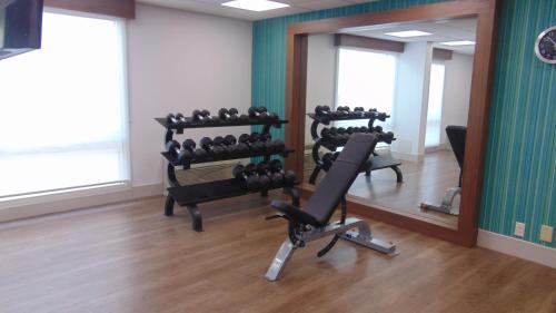 a gym with a mirror and a row of exercise equipment at Holiday Inn Express & Suites Wapakoneta by IHG in Wapakoneta