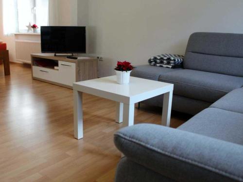 Gaestehaus An der Fehnroute II, 11041 في لير: غرفة معيشة مع أريكة وطاولة مع تلفزيون