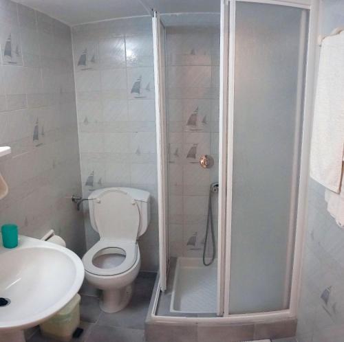 a bathroom with a shower with a toilet and a sink at Stella Rooms in Kardamyli