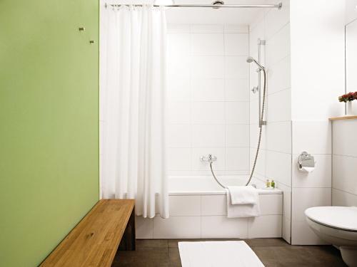 a bathroom with a shower and a toilet and a sink at Hotel-Landgasthof KREUZ in Bad Waldsee