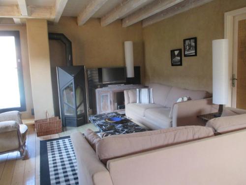 sala de estar con 2 sofás y chimenea en Ecologis du Vignoble, en Katzenthal