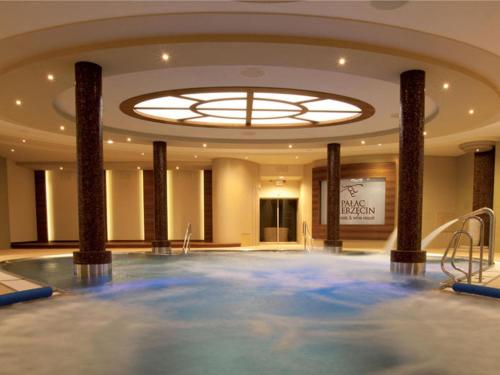 a swimming pool in the middle of a room with a ceiling at Pałac Mierzęcin Wellness & Wine Resort in Mierzęcin