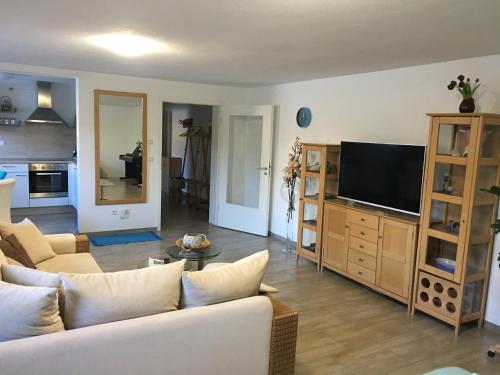 ein Wohnzimmer mit einem Sofa und einem Flachbild-TV in der Unterkunft Ferienwohnung Müller-Aydemir in Kiefersfelden