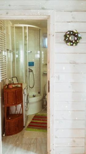 a white bathroom with a shower and a toilet at LELE-LAKE super domek Mazury in Pasym