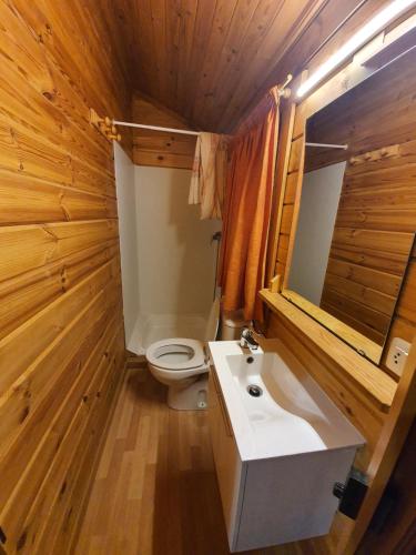 La salle de bains est pourvue d'un lavabo blanc et de toilettes. dans l'établissement Bungalows Conca De Ter, à Vilallonga de Ter