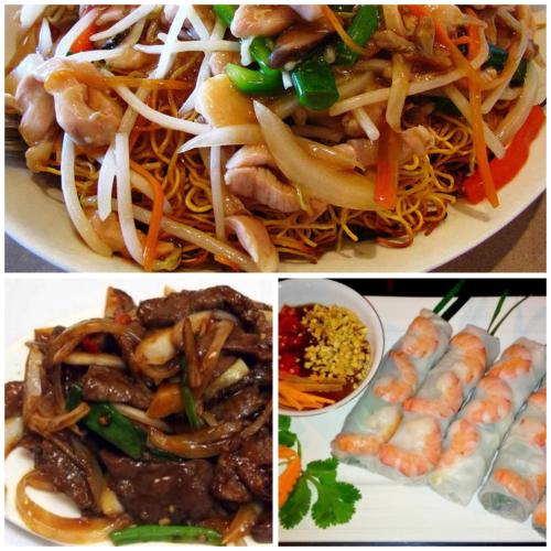 a collage of three pictures of food with shrimp and noodles at La Cle des Champs in Provency